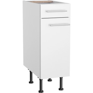 Weißer Optifit Unterschrank Bengt932 (30cm) mit Schublade, Tür und Edelstahlgriffen.