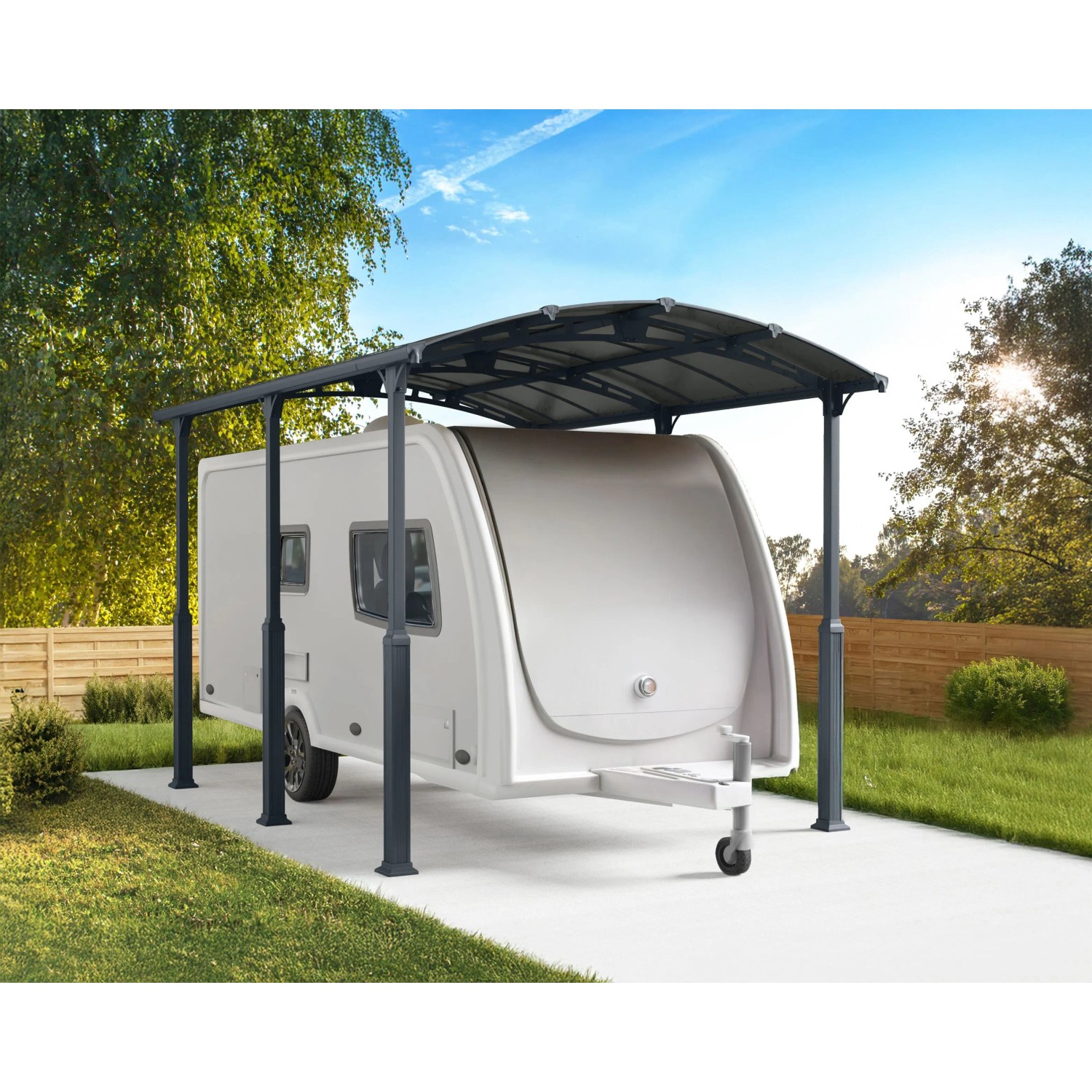 Canopia Carport Arcadia Alpine 5000 in Anthrazit mit Wohnwagen. Robuste Überdachung für Fahrzeuge.