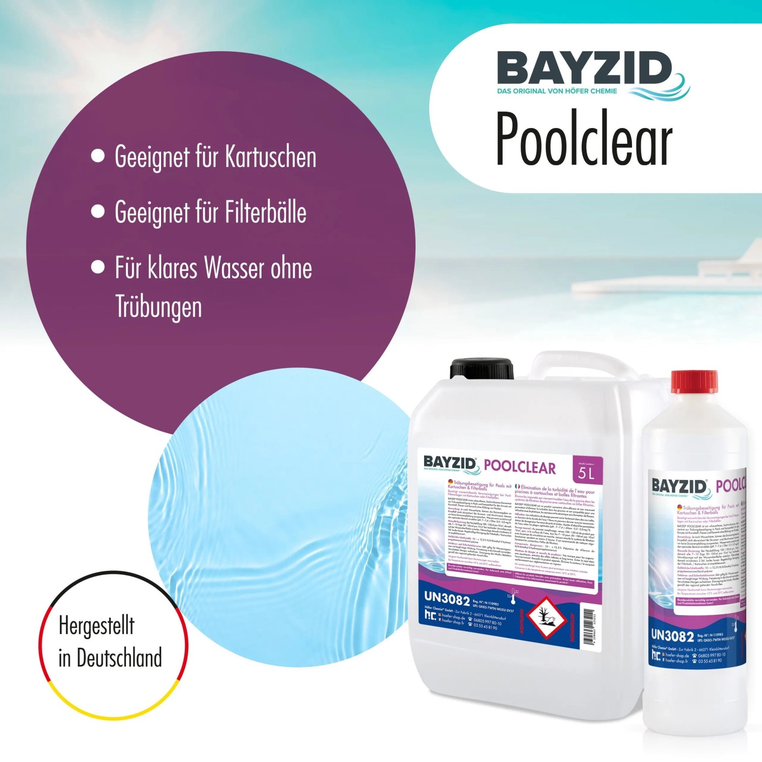 Bayzid Poolclear Trübungsbeseitigung für Kartuschen & Filterballs, 2 Kanister. Pool Reiniger für klares Wasser.