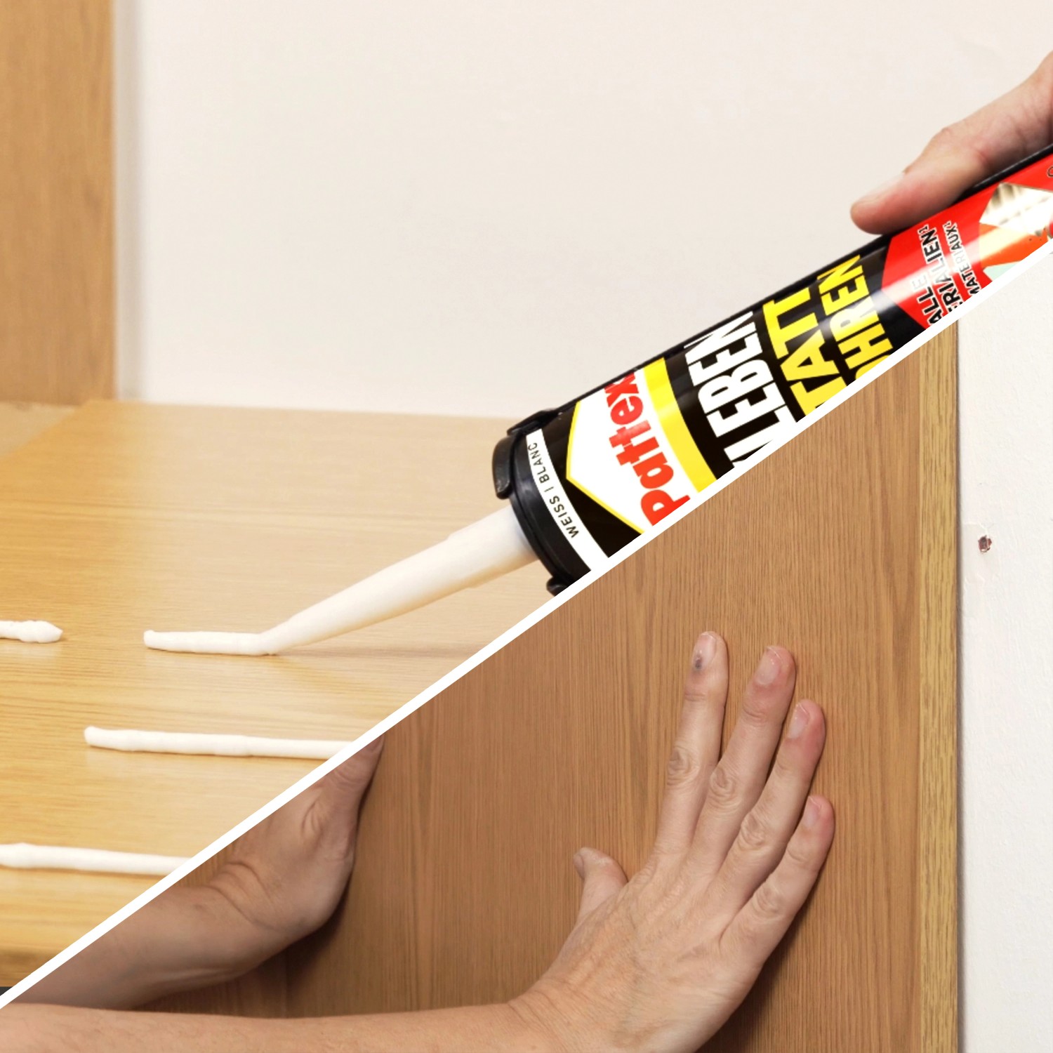 Anwendung von Pattex Montagekleber Kleben statt Bohren (440g, Weiß) auf Holz.