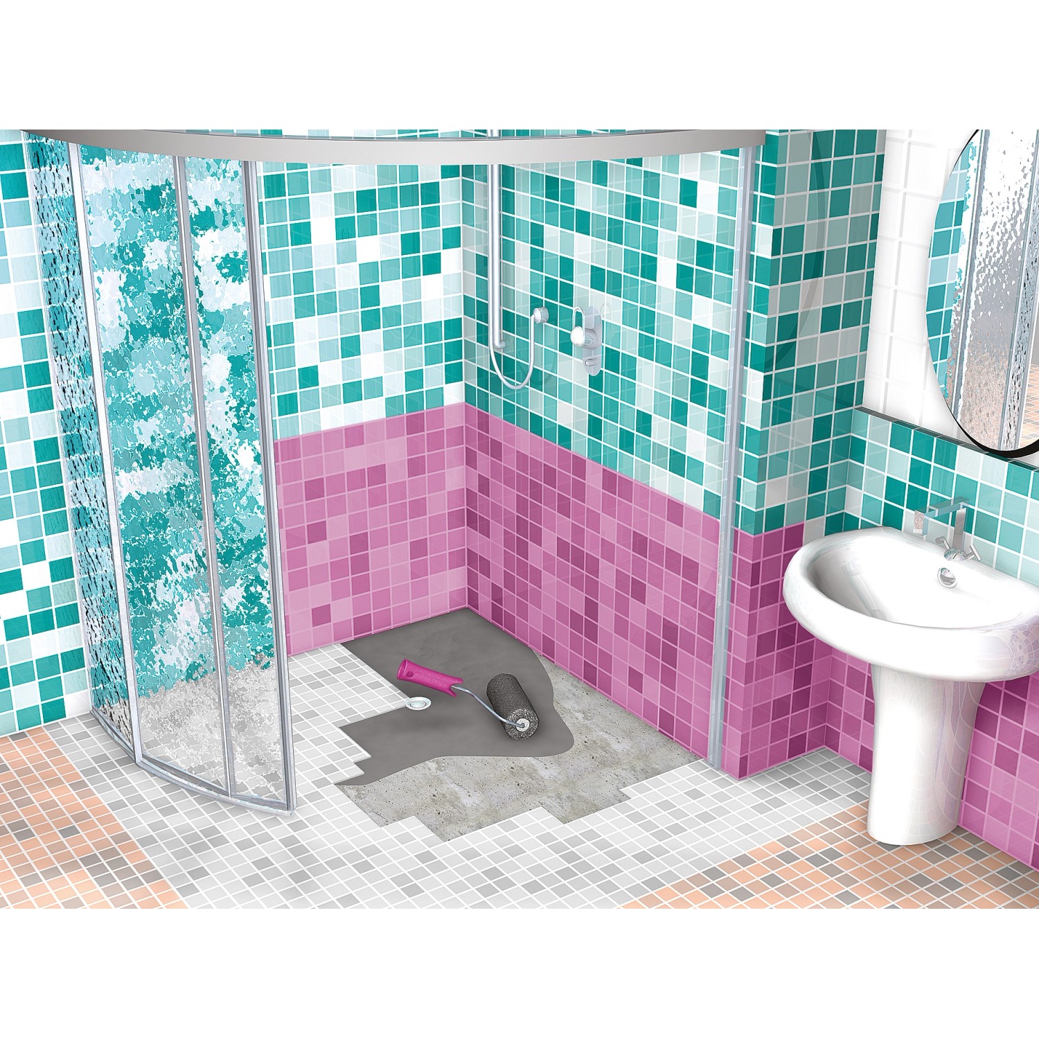 Anwendung von MEM Water Stop Bauabdichtung im Badezimmer mit Dusche und Waschbecken.