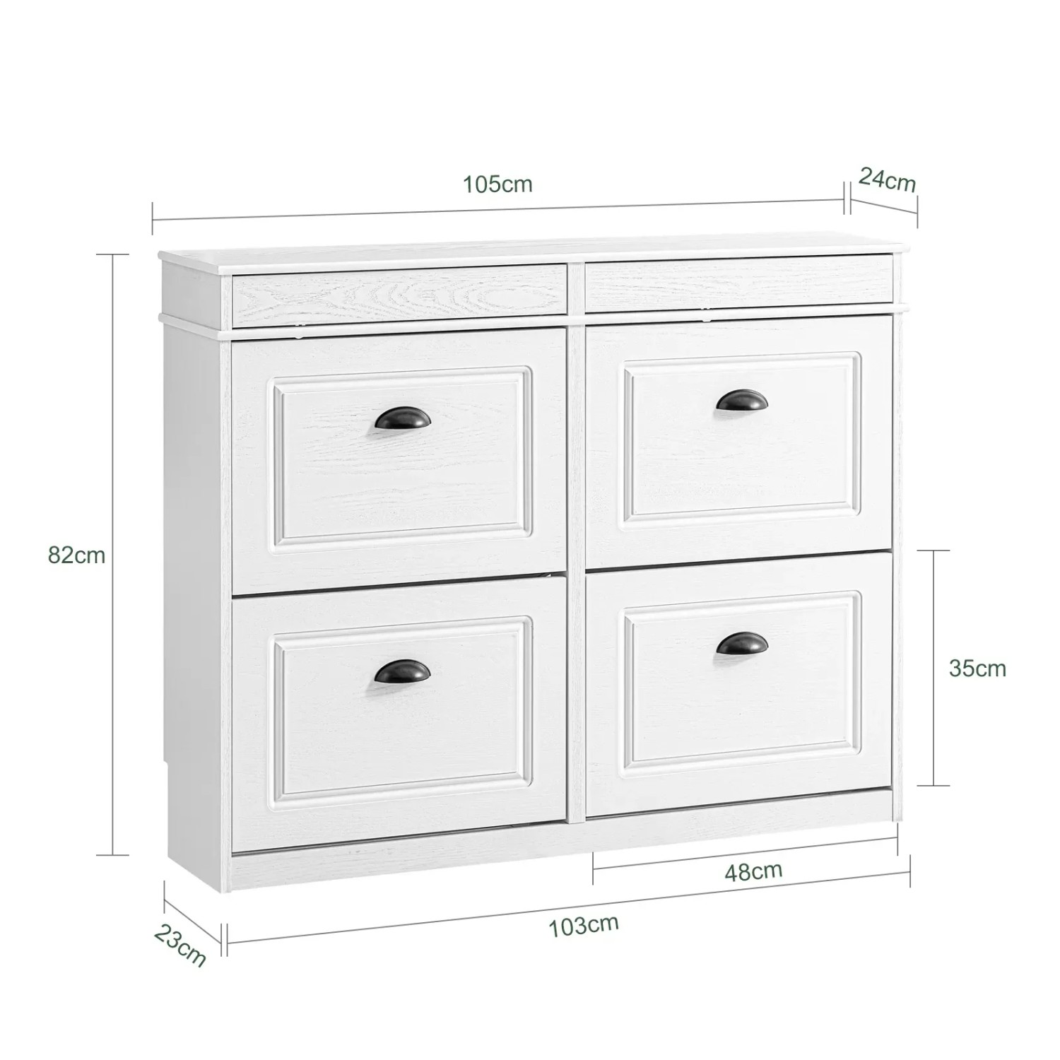 Weißer schmaler SoBuy Schuhschrank mit 4 Klappen, 2 Schubladen und dunklen Griffen. Ideal für Flur, 105x82x24cm.