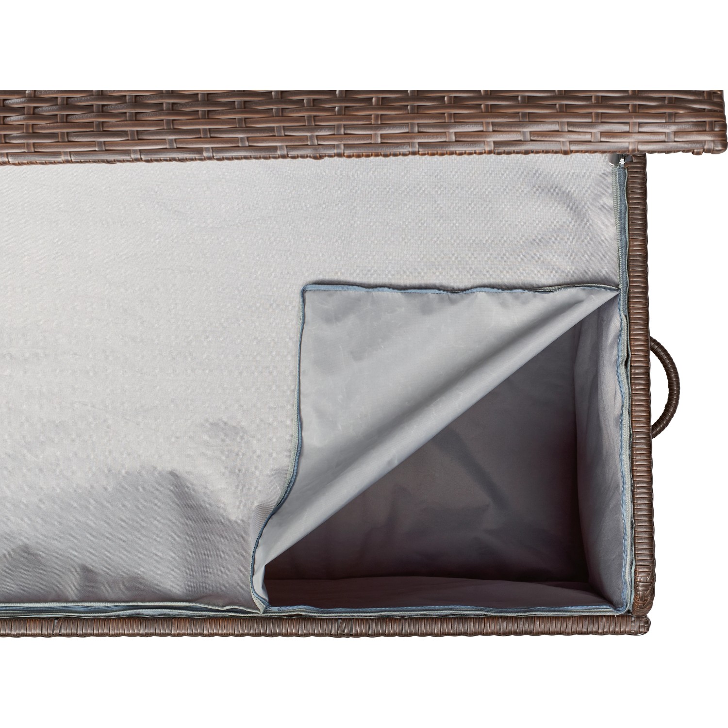 Geöffnete braune Kissenbox Davenport XXL aus Polyrattan mit Innenverkleidung.