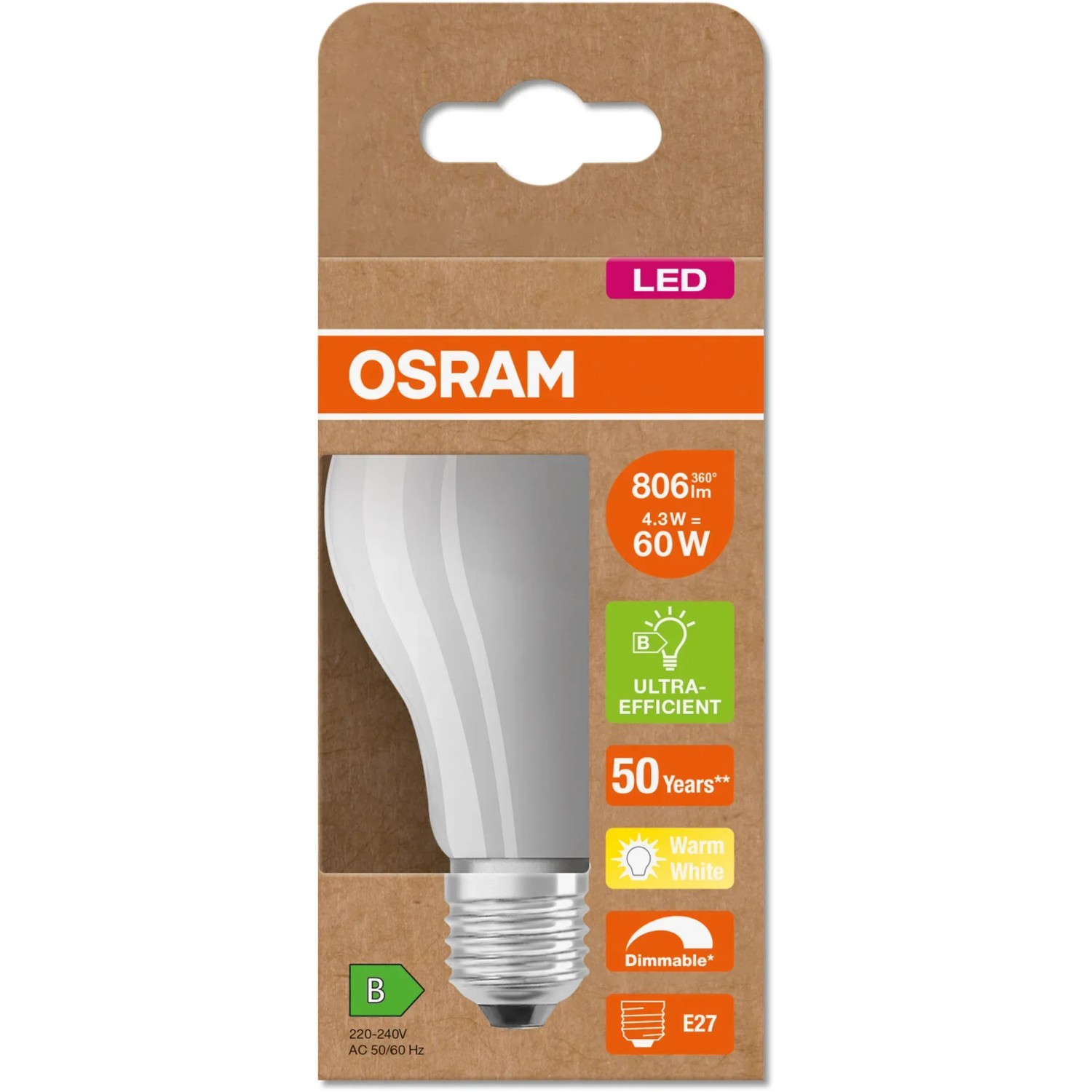 Osram LED-Lampe E27, 4,3W, 806lm, matt, warmweiß. Dimmbares LED-Leuchtmittel in Glühlampenform.
