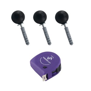 Drei schwarze vasalat Türstopper für Boden & Wand zum Schrauben, Ø 35 mm, mit lila Rollmeter. Türzubehör Set.