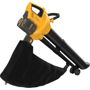 Stiga Akku-Laubsauger VS 100e mit Akkus und Ladegerät. Gelb-schwarzes Kombi-Gerät mit Fangsack.