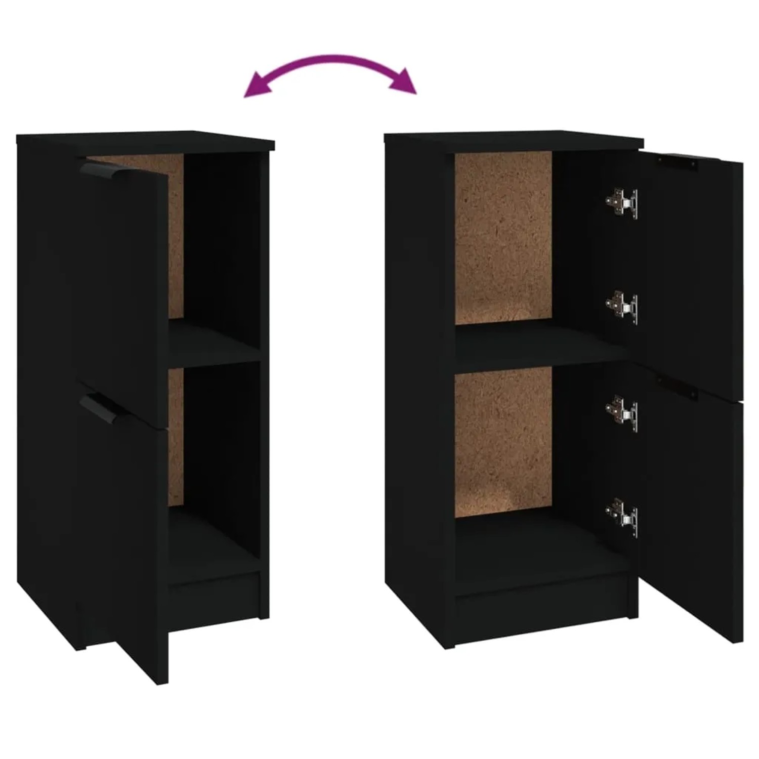 Zwei schwarze vidaXL Sideboards aus Holzwerkstoff, je 30x30x70 cm, mit Stauraum und Tür.