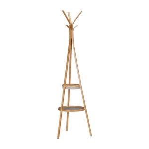 Freistehende Garderobe aus hellem Bambus mit 6 Haken und 2 runden Ablagen. Ideal für Flur & Schlafzimmer.
