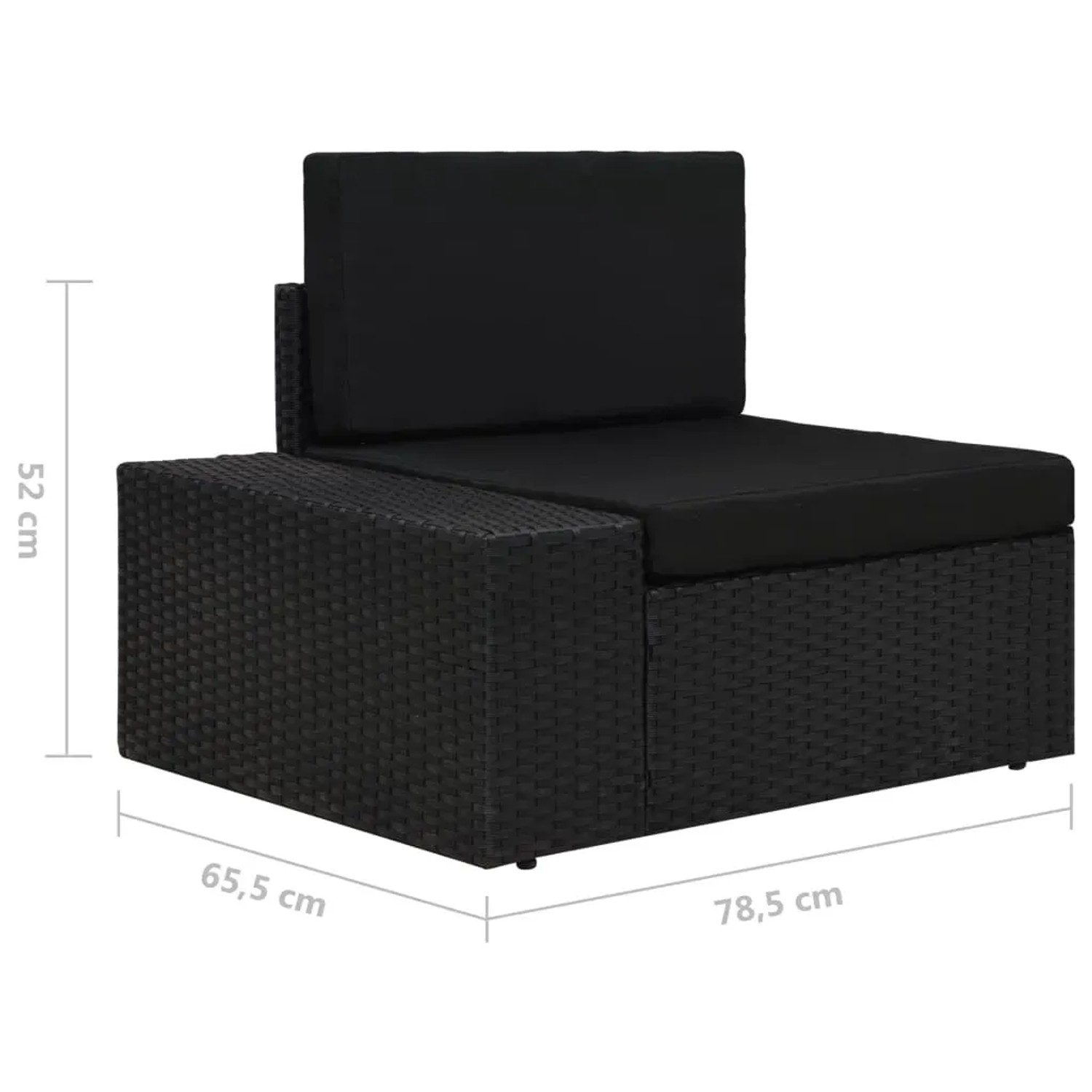 Schwarzes vidaXL Garten-Lounge-Set aus Polyrattan, ein Ecksofa-Element mit Kissen.