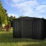 Metall-Gerätehaus 10x8 in Anthrazit von Globel Industries im Garten.