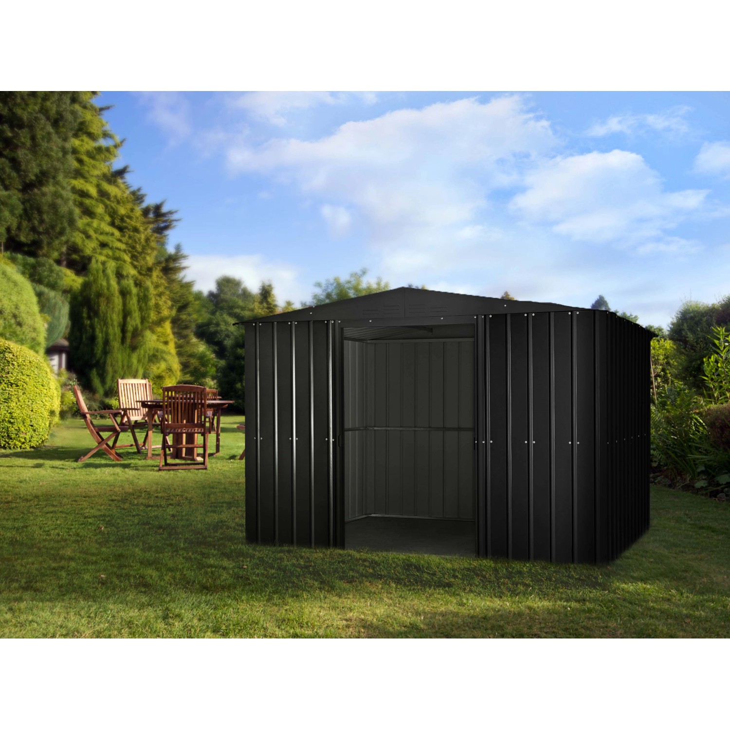 Metall-Gerätehaus 10x8 in Anthrazit von Globel Industries im Garten.