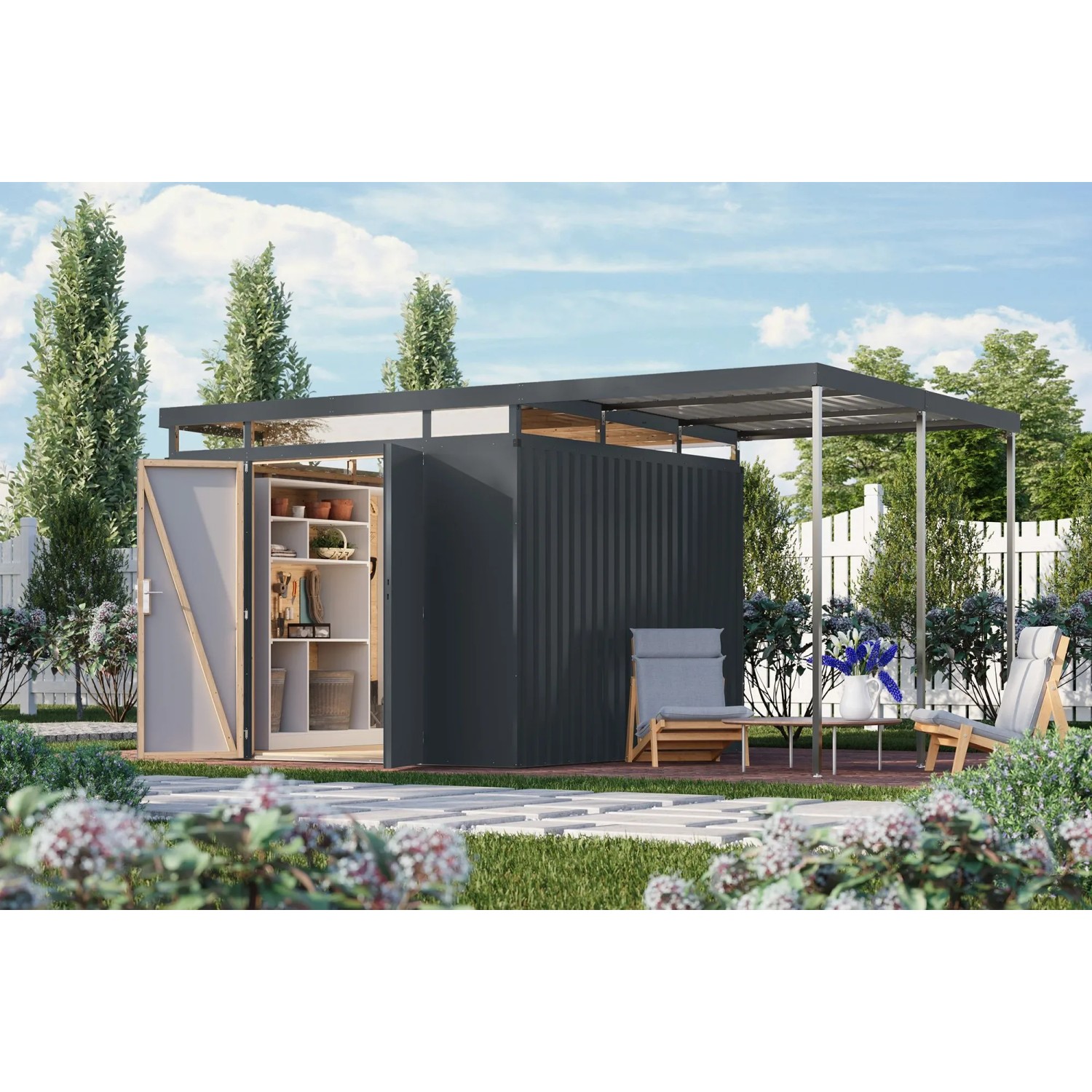 Karibu Metallgerätehaus Argos 3,5 mit Anbaudach 2 m Anthrazit