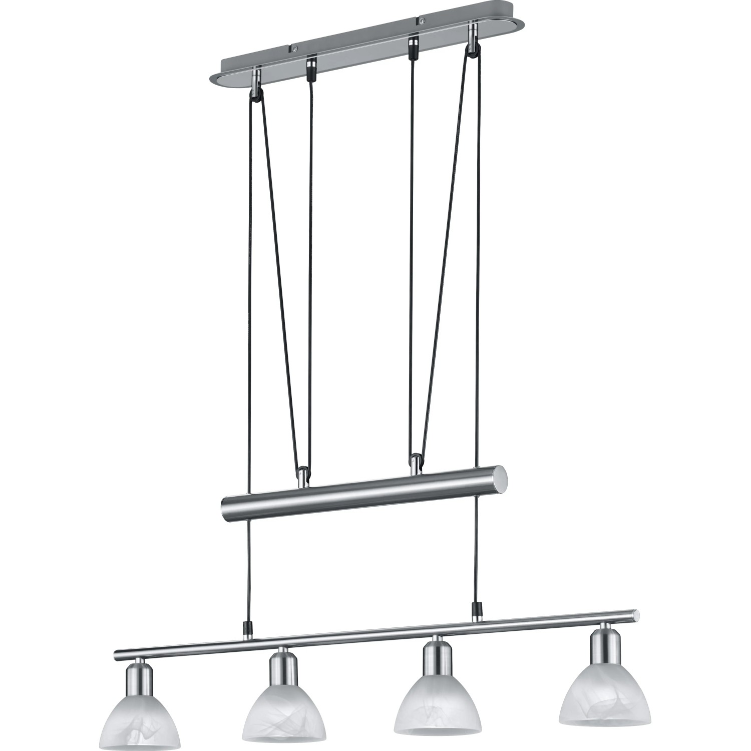 Nickel-matte LED-Pendelleuchte Jojo Levisto mit vier alabasterfarbenen Glasschirmen.