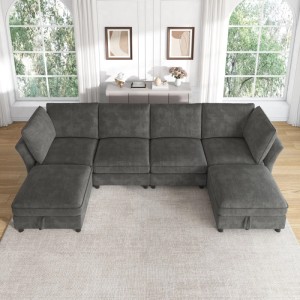 Graues Merax Ecksofa U-Form aus Chenille, 6 Sitzer mit Stauraum-Hockern im Wohnzimmer.