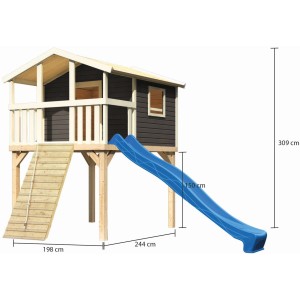 Karibu Stelzenhaus Benjamin Set mit Holzrampe und blauer Rutsche (3 m).