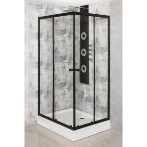 Kerra Duschkabine Olga SQ 80x80cm mit schwarzen Aluminiumprofilen, transparentem Glas, Schiebetüren und weißer Duschwanne.