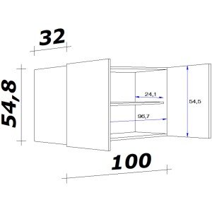Technische Zeichnung: Flex-Well Oberschrank Lucca, 100 cm breit, mit Maßen. Küchen-Hängeschrank.