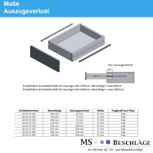MS Beschläge Teilauszug 342 mm für Schubladen mit 17 mm Nut, Stahl verzinkt.