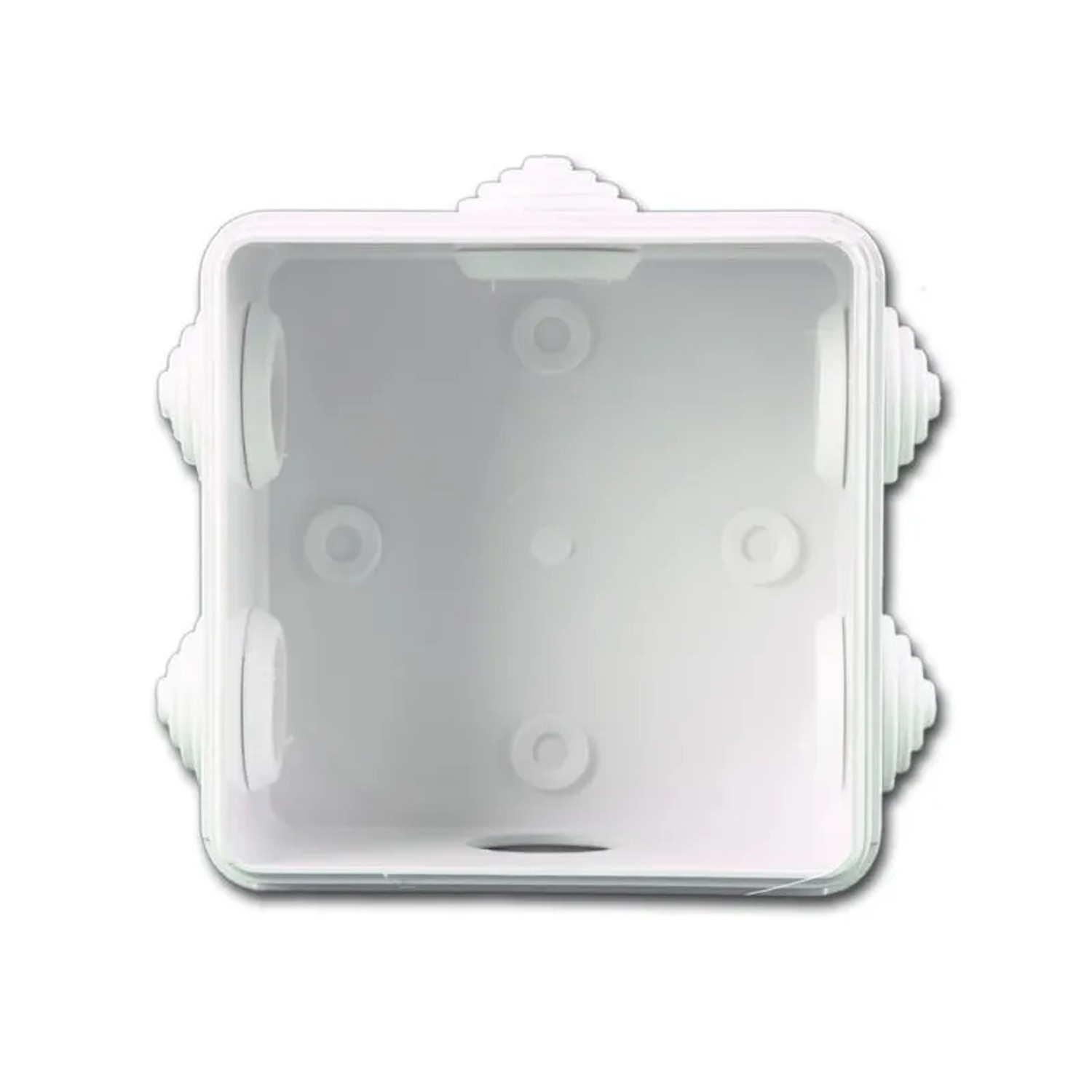 Weißer quadratischer Abzweigkasten für Aufputzmontage. Robuste Box mit Kabeleinführungen, ideal für Feuchträume und Außenbereiche.