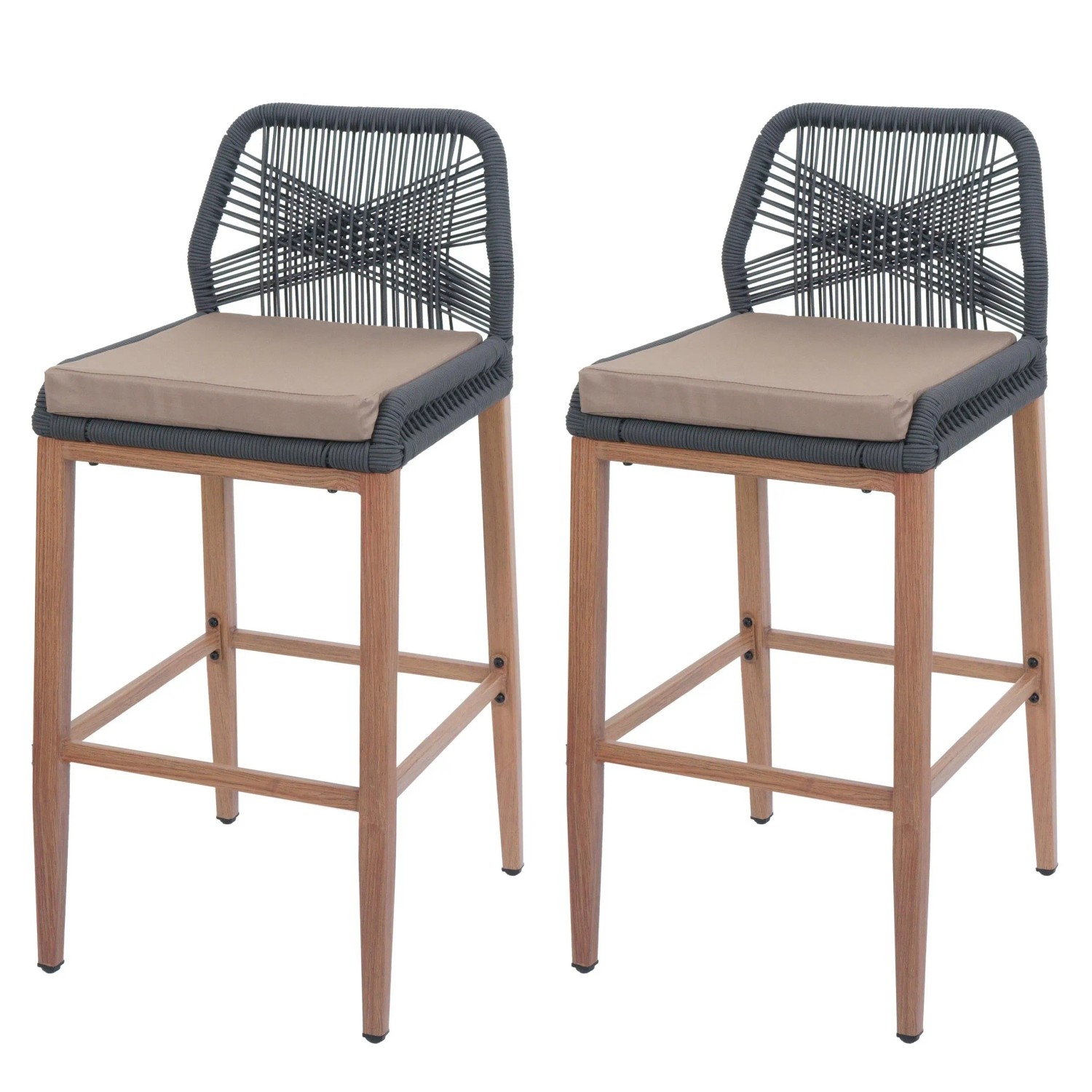 MCW Barhocker O21 2er-Set Anthrazit Kissen Taupe Holz-Optik günstig online kaufen