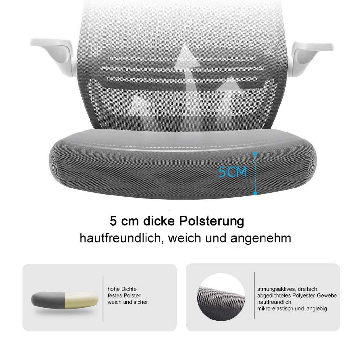 Detailansicht: Atmungsaktiver, grauer Bürostuhl MCW J88 mit 5 cm Polsterung für hohen Komfort.