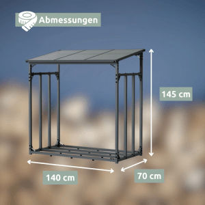 Anthrazit Kaminholzregal aus Metall mit Dach und Maßen (145x140x70cm) für den Außenbereich.