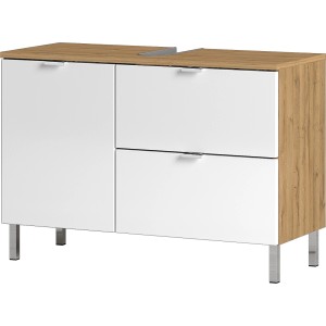 Germania Waschbeckenunterschrank GW-MAURESA Eiche, 80 cm breit, mit weißen Fronten und silbernen Griffen.