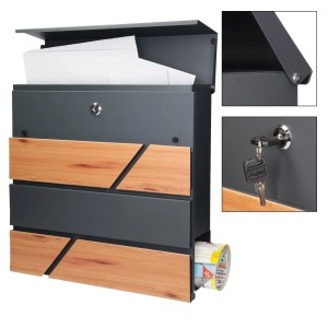 ML-Design Standbriefkasten mit Zeitungsfach, anthrazitfarben mit Holzoptik, 170cm hoch.