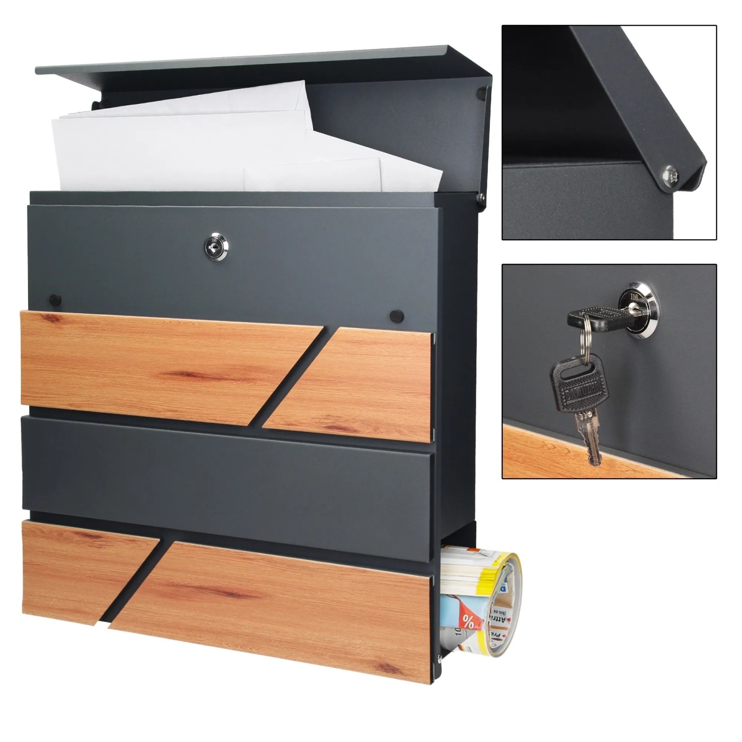 ML-Design Standbriefkasten mit Zeitungsfach, anthrazitfarben mit Holzoptik, 170cm hoch.