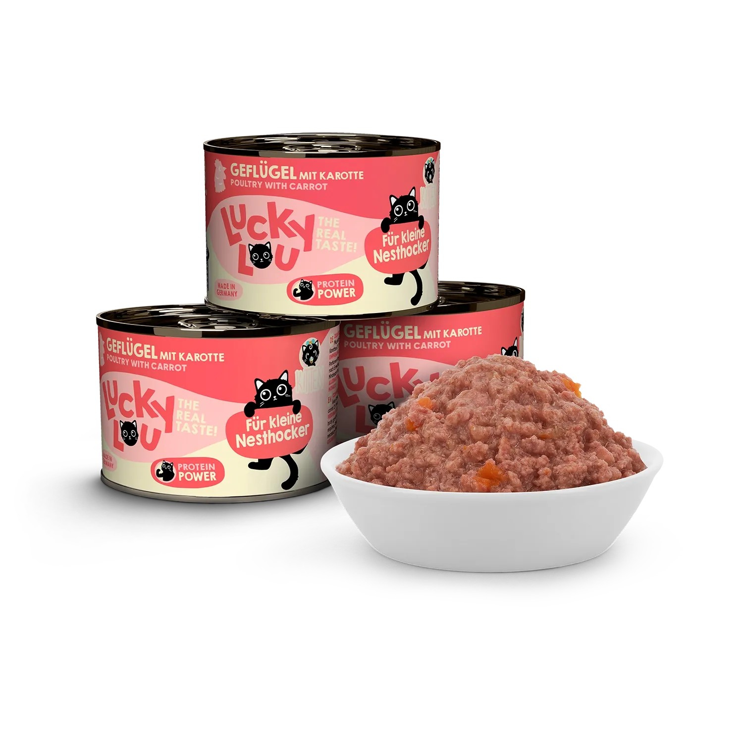 Lucky Lou Katzen-Nassfutter Kitten Geflügel, 200g Dosen und eine Schale mit Futter.