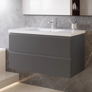 AICA Waschtisch mit Unterschrank, 100 cm, anthrazit matt, mit zwei Schubladen und Mineralgussbecken.