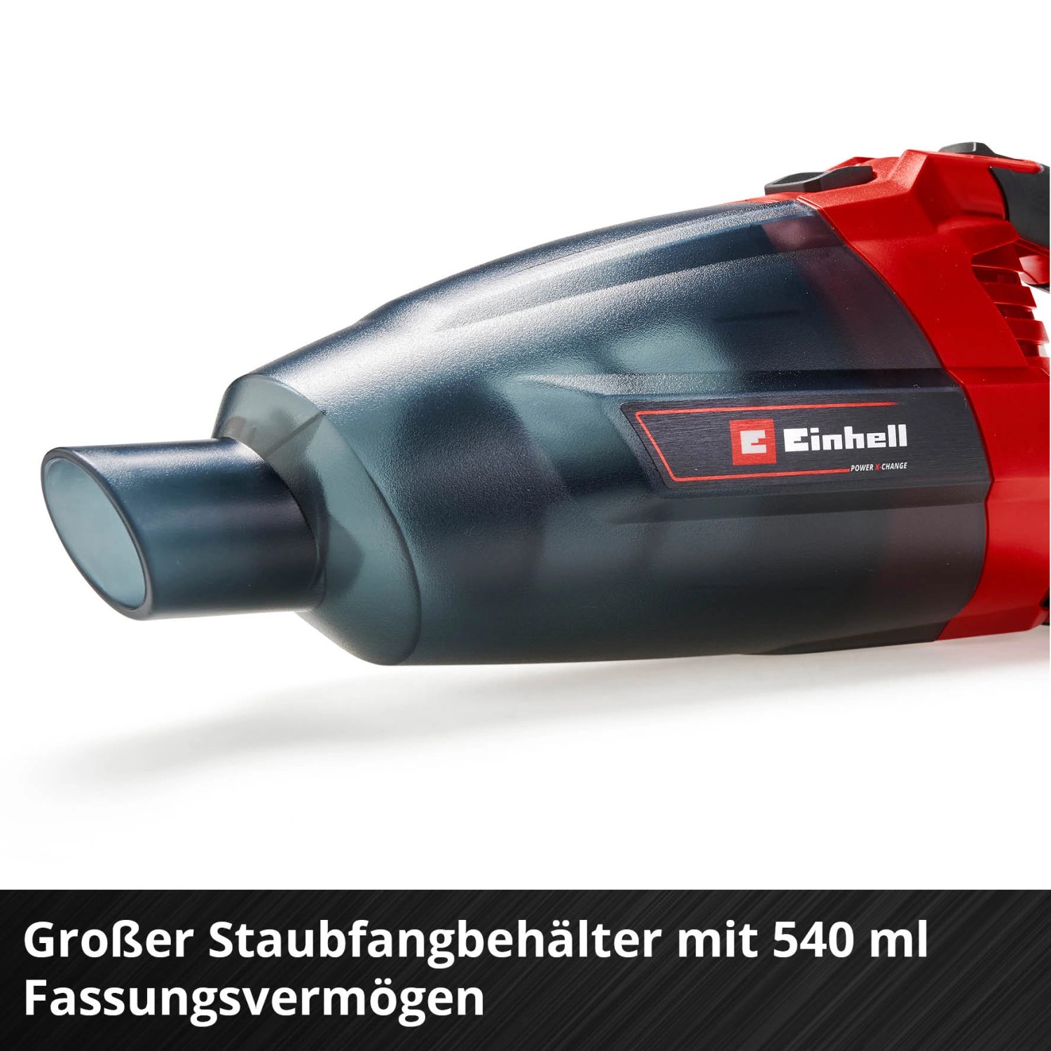 Einhell Akku-Handstaubsauger TE-VC 18 Li Solo mit transparentem Staubbehälter.