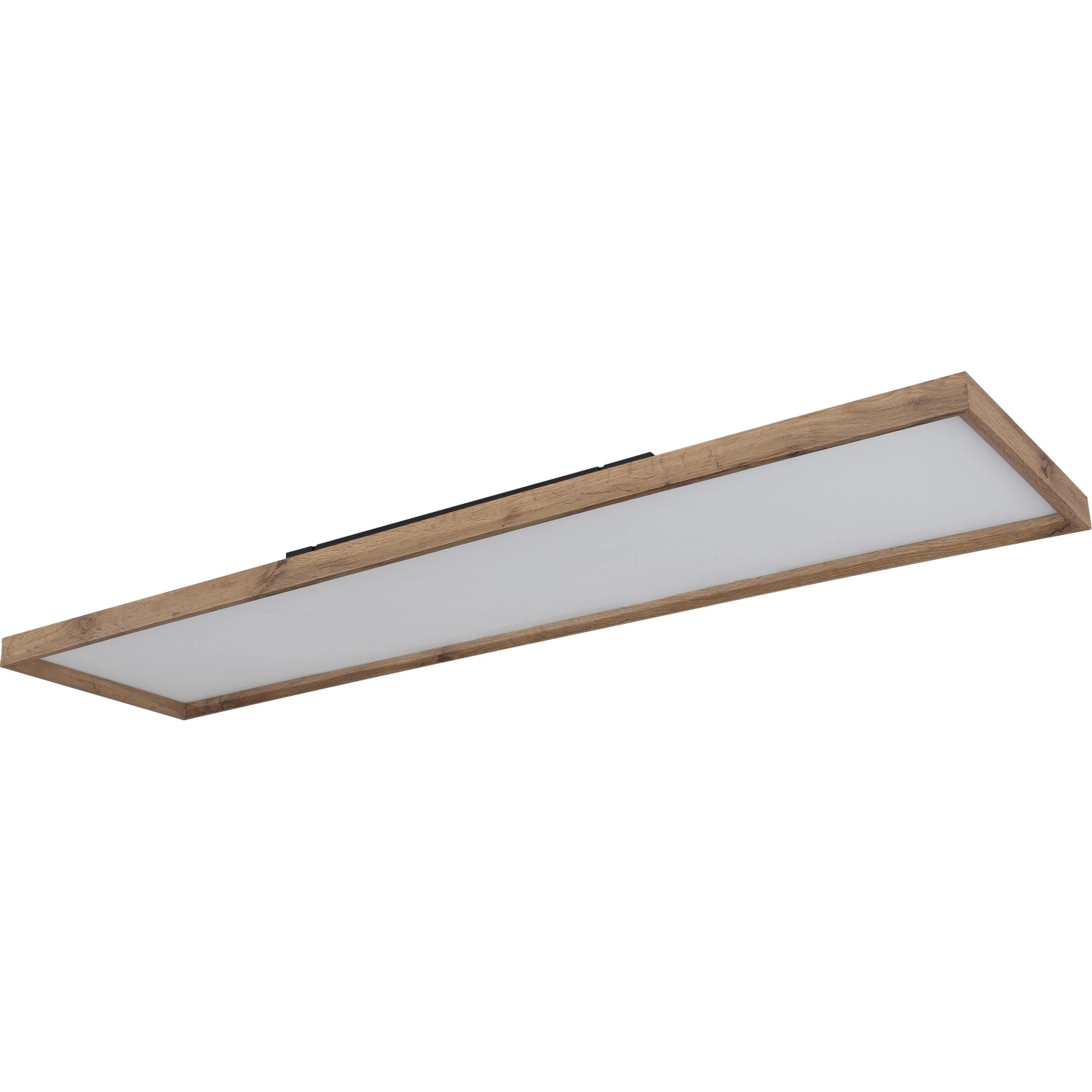 Rechteckige LED-Deckenleuchte Cinderella in Weiß matt mit Holzoptik-Rahmen.
