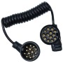 Schwarzes 3m 13-poliges Spiralkabel für Anhänger. Zwei Stecker mit goldenen Pins verbinden Zugfahrzeug und Anhänger.
