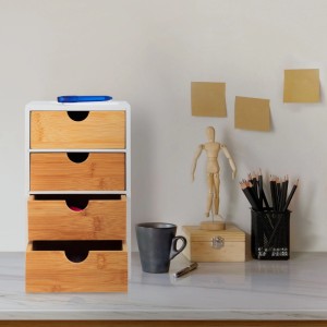 Relaxdays Schubladenbox aus Bambus und MDF mit 4 Schubladen, weiß und natur.