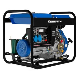 EBERTH 5000W Notstromaggregat mit Dieselmotor, blauem Tank und schwarzem Rahmen.
