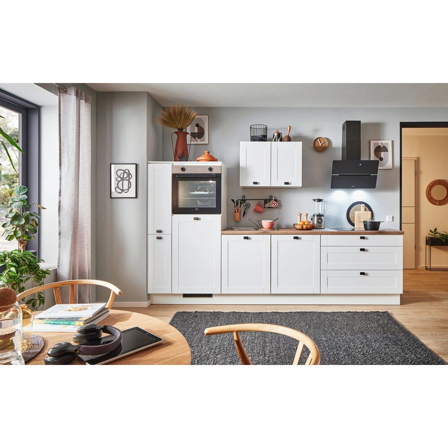 pino Küchenzeile 300 cm Weiß matt Anschlag,inks 1 Geräte-. 1 Seitenschrank