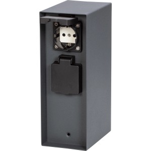 Anthrazitfarbene 4-fach Steckdosensäule IP44 für den Außenbereich.