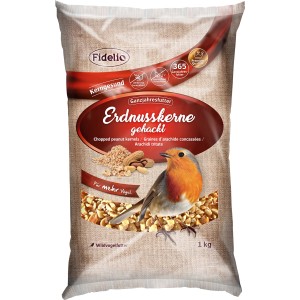 Packung Fidelio Erdnusskerne, gehackt, 1kg. Wildvogelfutter mit Erdnüssen und Rotkehlchen.