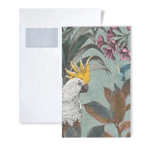 Muster der Dschungel Tapete mit Kakadu, Kolibri und Pflanzen, DIN A4 Musterbogen.