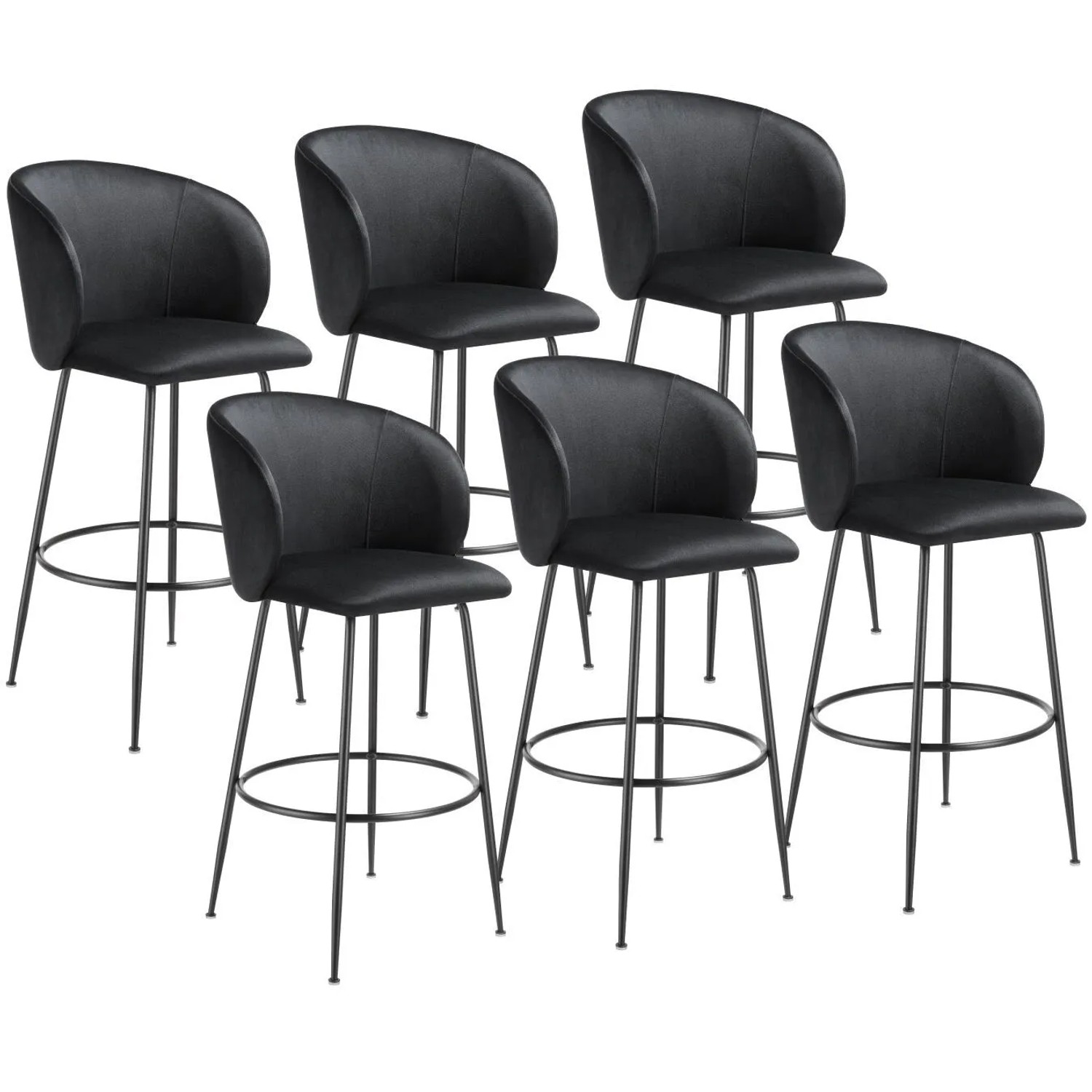Tectake Barstuhl Luana In Samtoptik  Gepolstert Mit Breiter Rückenlehne und Fußstütze 6Er Set 60 x 51 x 106 cm Schwarz Schwarz