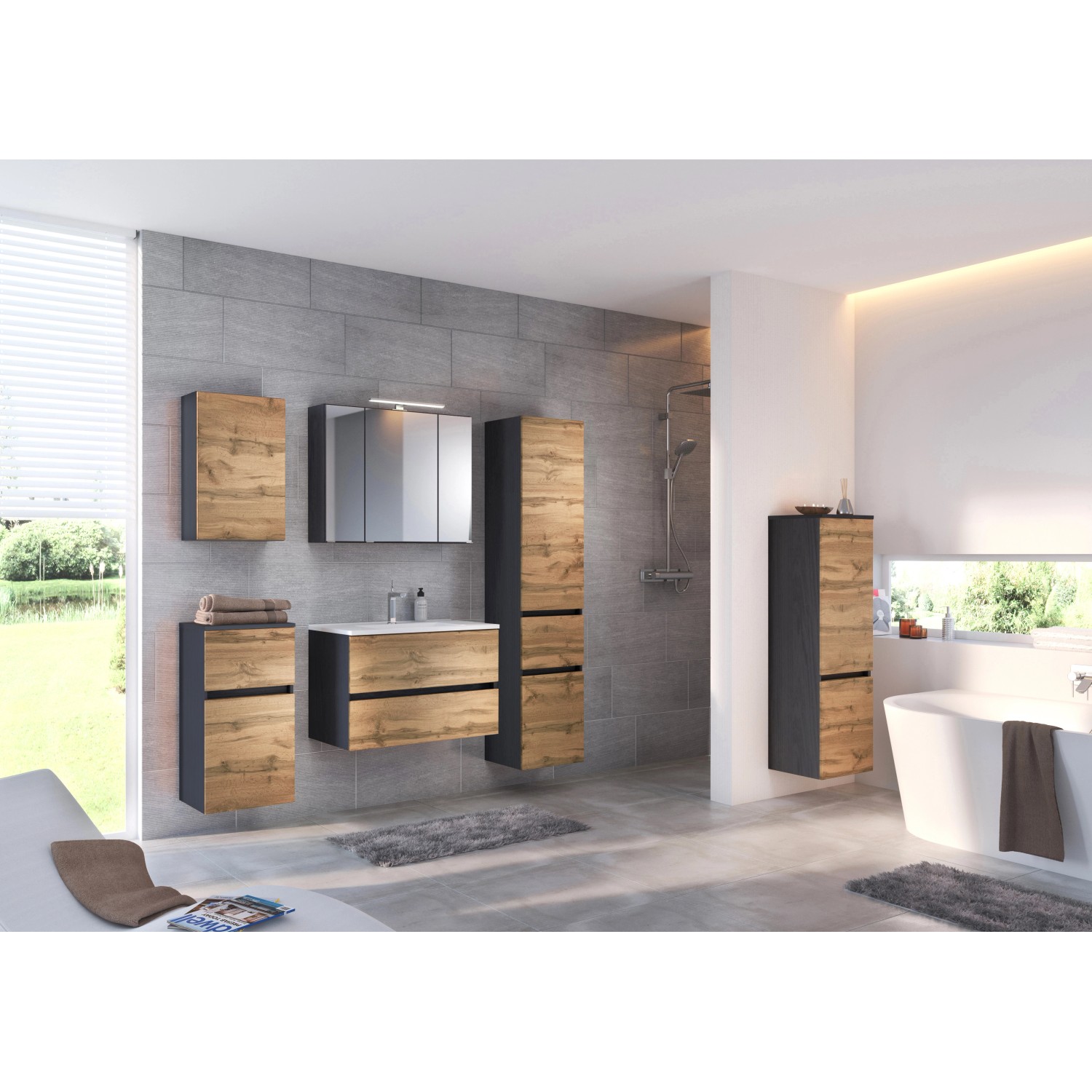 Held Möbel Waschtisch-Set Bari 100 cm x 200 cm x 47 cm Grau-Eiche