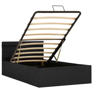 Dunkelgraues Stoffbett 100x200 cm mit Bettkasten und Lattenrost offen.