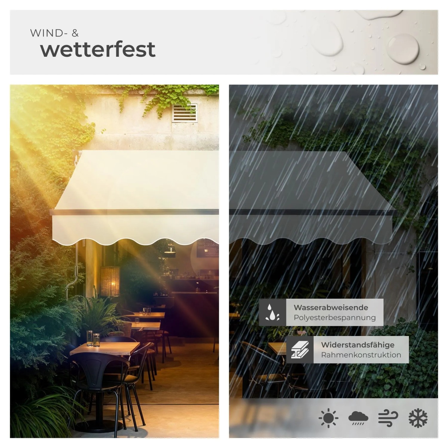 Tectake Gelenkarmmarkise Ornella, beige, bei Sonne und Regen. UV-beständig, wasserabweisend für Terrasse.
