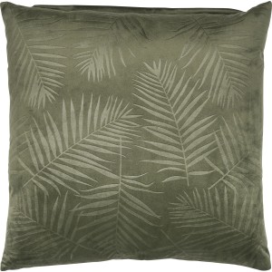 Dunkelgrünes Kissen (45x45 cm) mit Palmblattmuster, passend zum Trend Dark Wonder.