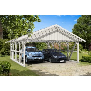 Weißer Skan Holz Carport Schwarzwald mit Dachlattung und zwei geparkten Autos.
