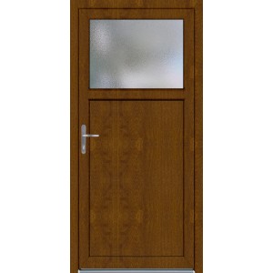 Kunststoff-Nebeneingangstür K504 in Golden Oak mit Glaselement und Griff.