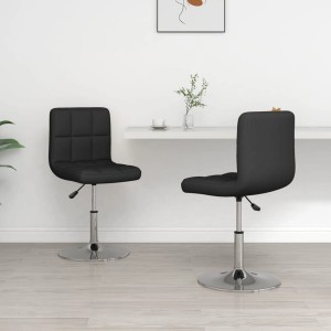 Zwei schwarze Esszimmerstühle aus Kunstleder mit verchromtem Stahlfuß. Höhenverstellbar und drehbar.