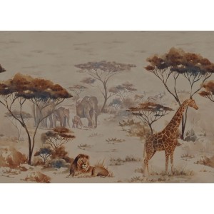 Fototapete African Queen mit Savannenmotiv: Löwe, Giraffe und Elefanten in Braun- und Beigetönen.