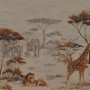 Fototapete African Queen mit Savannenmotiv: Löwe, Giraffe und Elefanten in Braun- und Beigetönen.